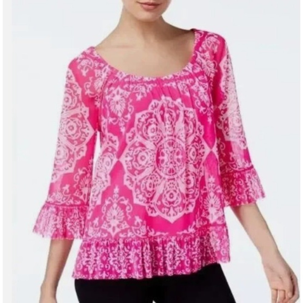 INC International Concepts Neon Pink‎ Medallion Bell Sleeve Peasant Style TopM